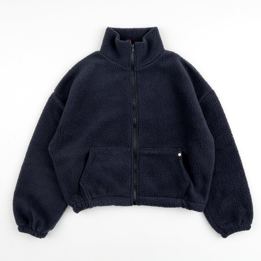 High Level HL Navy Sherpa Fleece Crop Zip up Jacket Warm Soft Fluffy Cozy